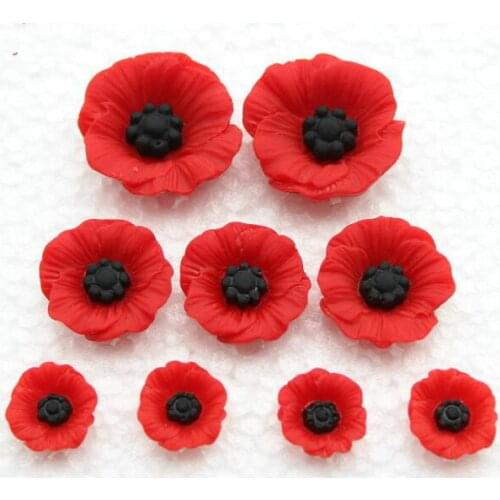 45pcs 12MM Chic Resin Red Poppies Artificial Flower Flatback Embellishment Cabochons Cap for Home Decor Charms