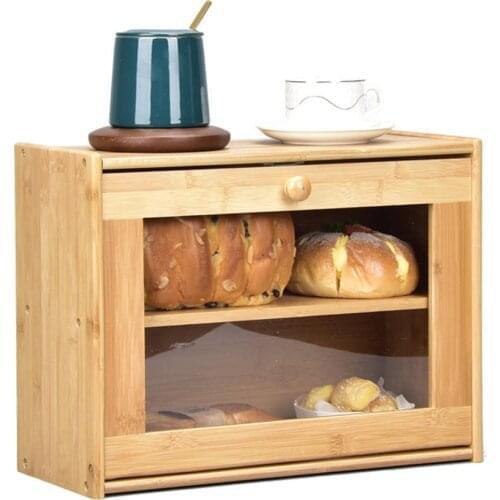 Bamboo BreadBox with Clear Front Window Multifunctional Double Layer Bread Storage BinHolder for Kitchen Counter