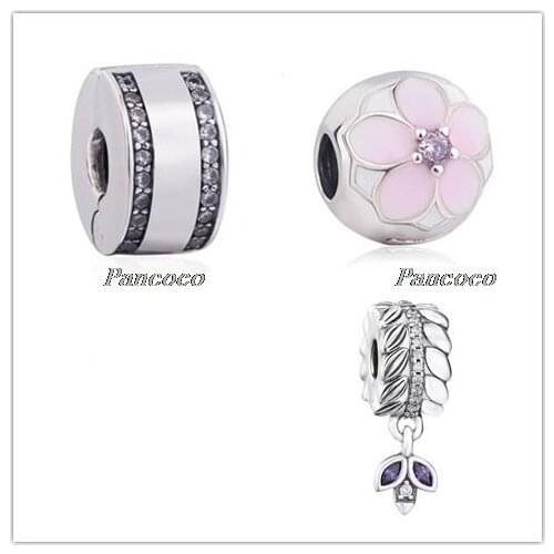 925 Sterling Silver Charm Enamel Magnolia Bloom Fixed Clip Lock Stopper Beads Fit Pandora Bracelet & Necklace Jewelry
