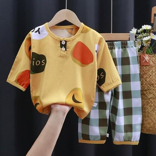 Children Clothing Summer Kids Cotton Silk Pajamas Set Baby Home Wear Cropped Trousers Air-conditioning Clothes