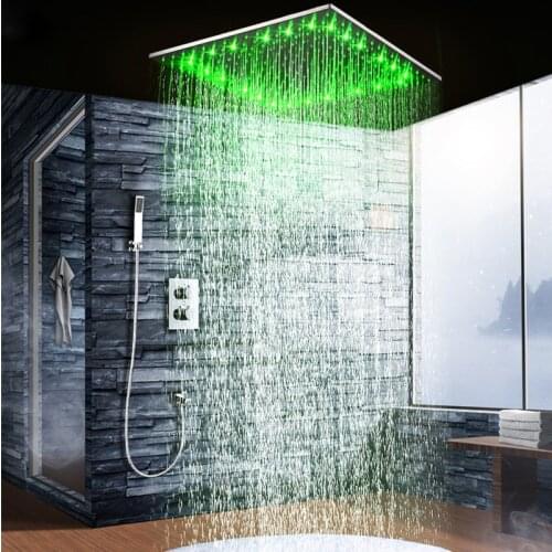 Bathroom Rain Waterfall LED Shower Faucets Set Wall Mounted Thermostatic Top Spray Shower System Bathtub Shower Mixer Faucet Tap