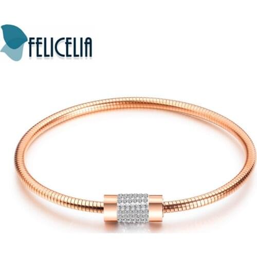 Felicelia Silver/ Gold/ Rose Gold Color Stainless Steel Snake Chain Cubic Zirconia Bracelet Bangle For Women Delicate Jewelry