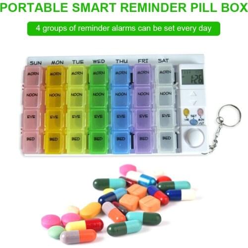 7 Days Pill Box Medicine Pill Case Organizer LED Timer Reminder 28 Grids Weekly Tablets Storage Pill Dispenser Alarm Clock