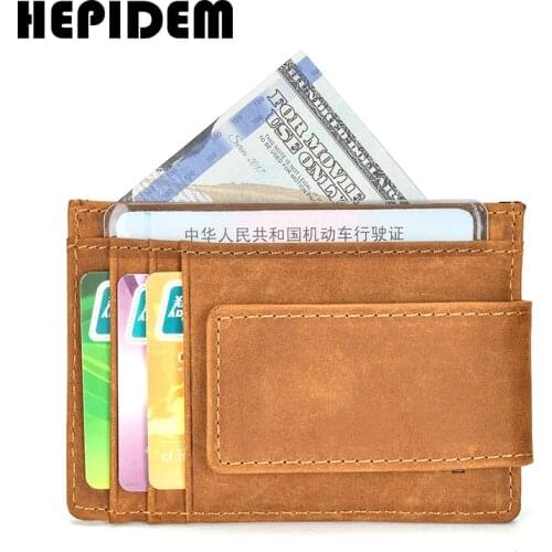 HEPIDEM RFID High Quality Crazy Horse Genuine Leather Slim Wallet 2020 New Front Pocket Money Dollar Mini Bill Purse for Men 104