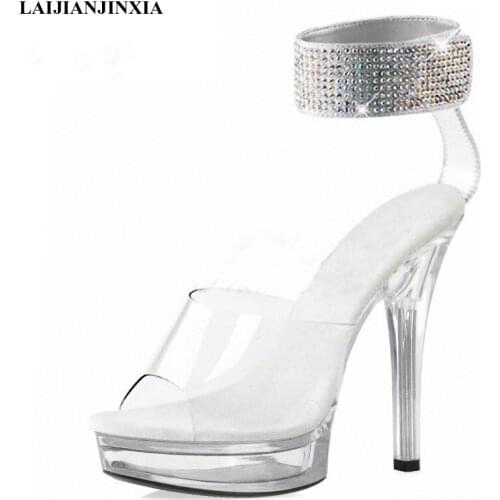 LAIJIANJINXIA New Summer Fashion Clear Crystal 13 CM High Heeled Shoes Glitter Rhinestone Hook Loop Sexy Fetish Elegant Sandals