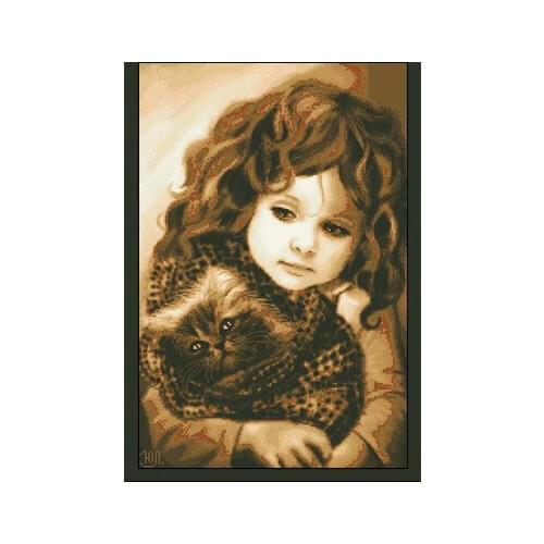 Top Quality Lovely Cute Counted Cross Stitch Kit Girl and Cat Kitty Kitten
