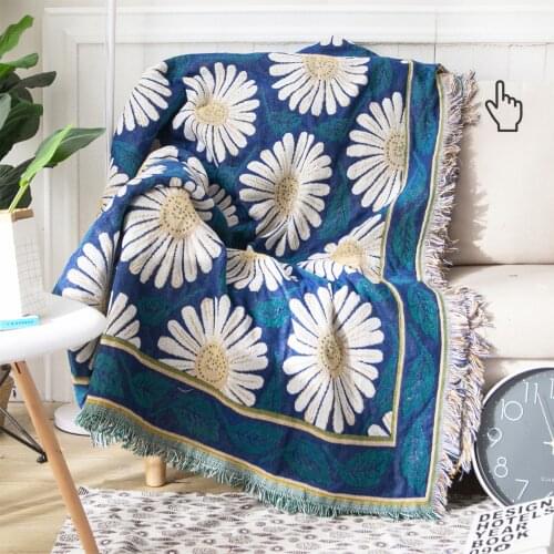 Picnic Blanket Aesthetic Blue Knit Blankets Floral Woven Blanket Korean Style Large Sheet Cover for Sofa Bed Couch Garden Office