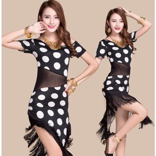Performance Adult Tassel World Fashion Latin Dance Dress Sexy Tassel One Piece Latin Dress Black Short sleeve with Tassel SML