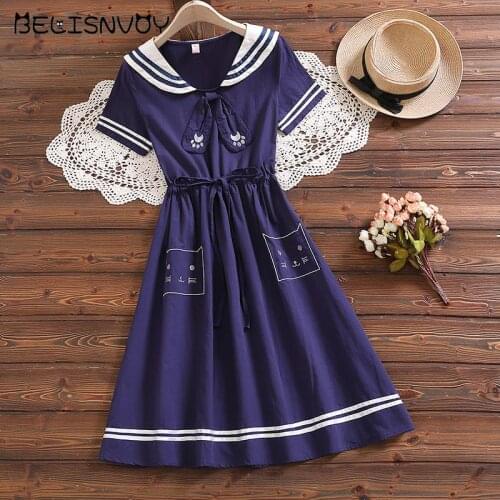 Japan Style Summer Dress For Women Neko Atsume Sailor Collar Mori Girl Sweet Lolita Dresses Kawaii School Clothes Harajuku