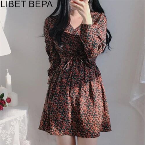 2021 New Spring Summer Women Dresses V-Neck High Waist Floral Lace Up Casual Fashionable Chiffon Vintage Above Knee Dress DR3090
