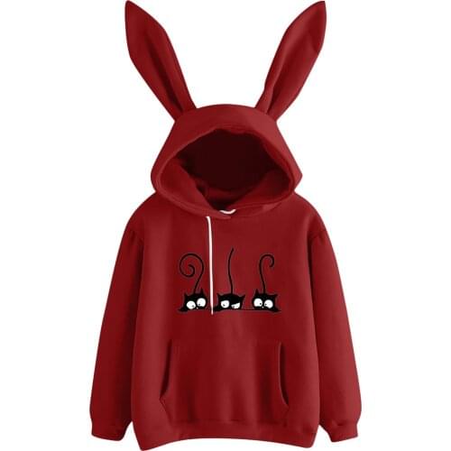 2021 Fashion Pullover Womens Casual Cat Print Rabbit Ear Long Sleeve Hoodie Pullover Autumn Winter Ladies Outwear Wholesale