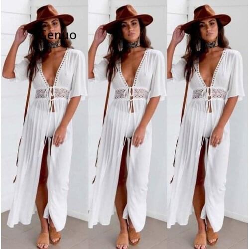 Sexy Beach Dress Swimwear Women Beachwear Cover Up Cardigan Bikini Cover ups Kaftan Swimsuit Bathing Sarong Split Sundress Femme