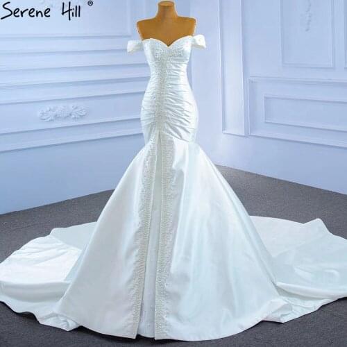 Serene Hill White Satin Mermaid Wedding Dresses Gowns Elegant Pearls Beaded Sexy Bridal Dress 2021 HM67285