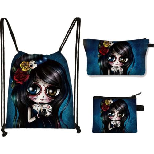 3PCS Cartoon Gothic Girls Drawstring Bag Women Fashion Storage Bag Cosmetic bag Teenager Girls Canvas Backpack Ladies Coin Purse