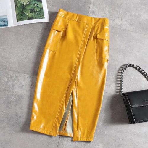 Autumn High Quality Women PU Shiny Leather Skirt Midi Knee Length Bottom Sexy Split Waist Straight Skirt Lady Streetwear Yellow