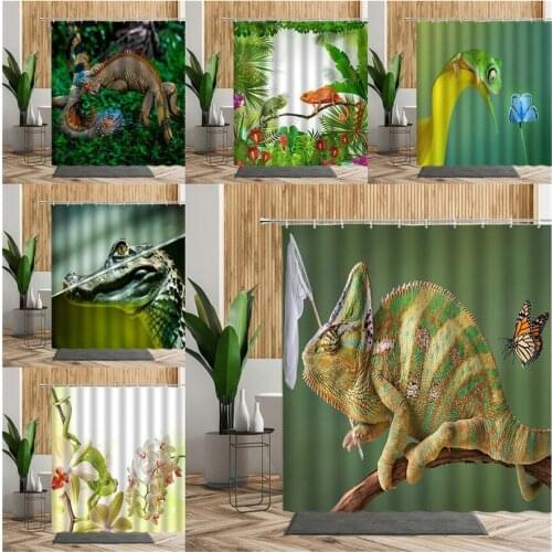 Forest Wildlife Shower Curtain Lizard Chameleon Crocodile 3D Printing Bathroom Decoration Background Waterproof Bath Curtain Set