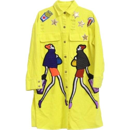Women Denim Coat Autumn Ripped Hole Jacket Female Chic Overcoat Long Sleeve Yellow Cartoon Embroidery Jeans Jacket Windbreaker