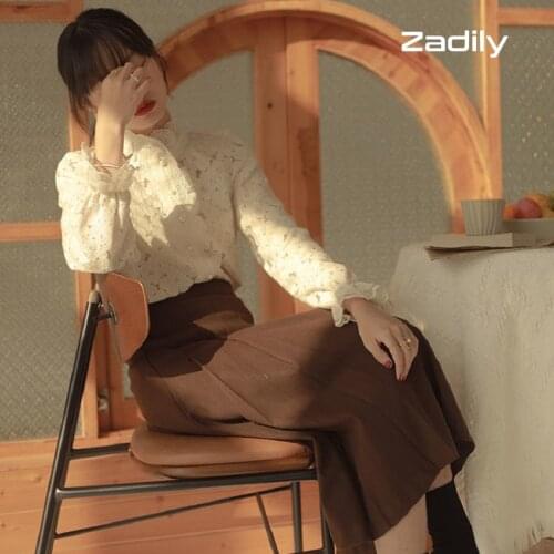 Zadily Chic 2021 Autumn Flare Long Sleeve Lace Women Shirt Vintage Turtleneck Floral Embroidery Blouse Button Up Female Clothing