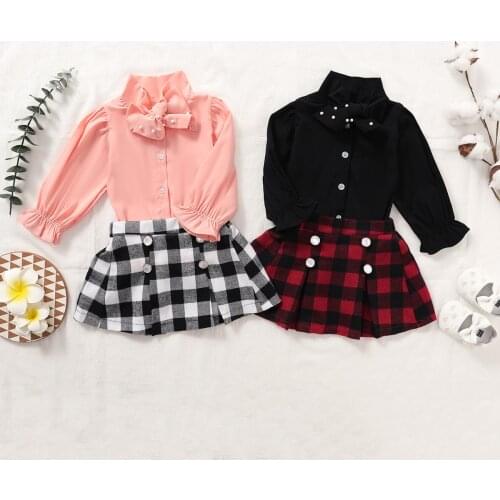 6M-5T Infant Kids Baby Girls Long Sleeve Ruffle Bead Bow Beadings Collar Button-Down Top Short Plaid Pleated Buttons Skirt