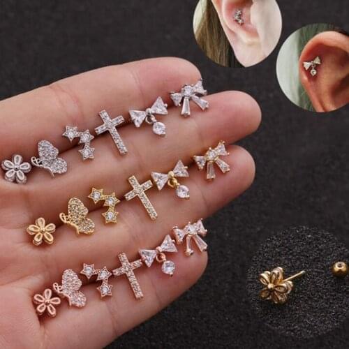QMHJE 1piece Women Stud Earrings Small Mini Bee Cross Bow Knot Flower CZ Paved Rose Gold Silver Color Earing Aretes Jewelry