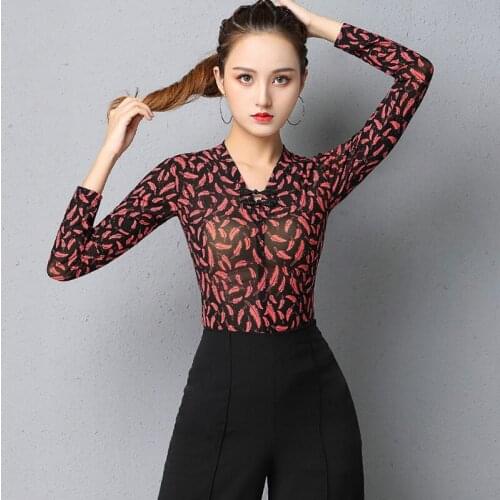 New Latin Dance Practice Tops Women Adult Long Sleeve Mesh Sexy Modern National Standard Dance Clothes Rumba Dancewear DQL4570