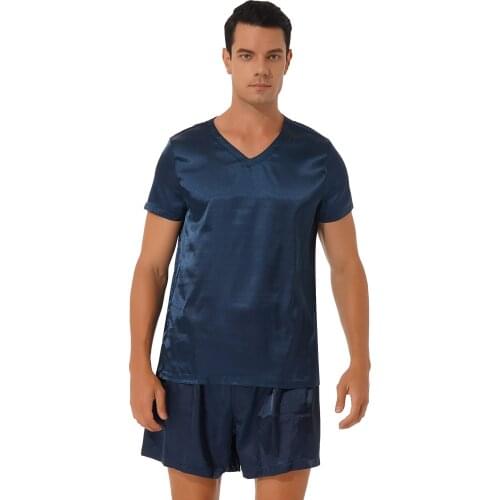 Plus Size Pajama Set Sleepwear Men Satin 2 Piece Loose Casual Lounge Clothes V Neck Short Sleeve Shirts Top Sleep Bottoms Shorts