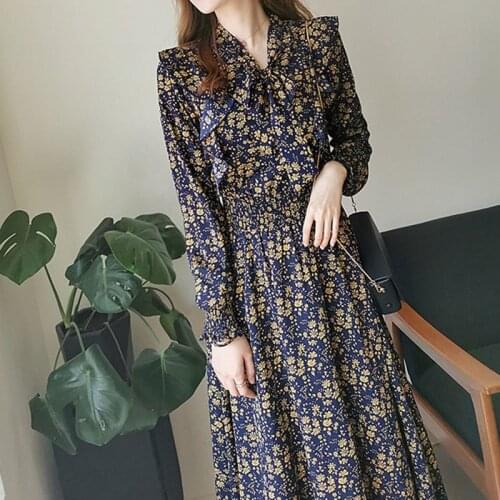 2021New Spring Chiffon Dress Women Long Sleeve A-line Sweet Bow Collar Long Dress Floral Print Girls Vinatge Plus Size Dress