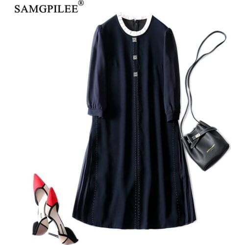 Dresses For Women 2021 New Autumn Korean Style Lace Collar Drape Chiffon Side Pleated Bright Line Decoration Loose Woman Dress