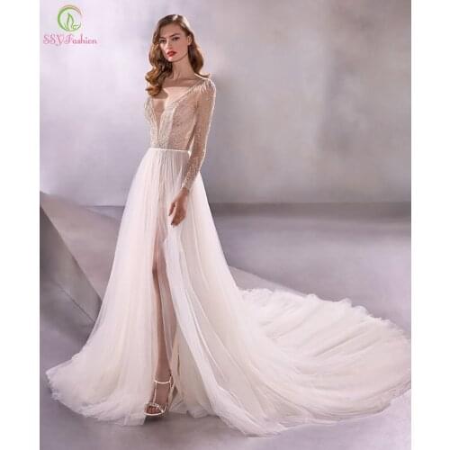 SSYFashion New High-end Evening Dress Sexy V-neck Long Sleeve Sequins Beading Prom Fromal Gowns for Women Vestidos De Fiesta