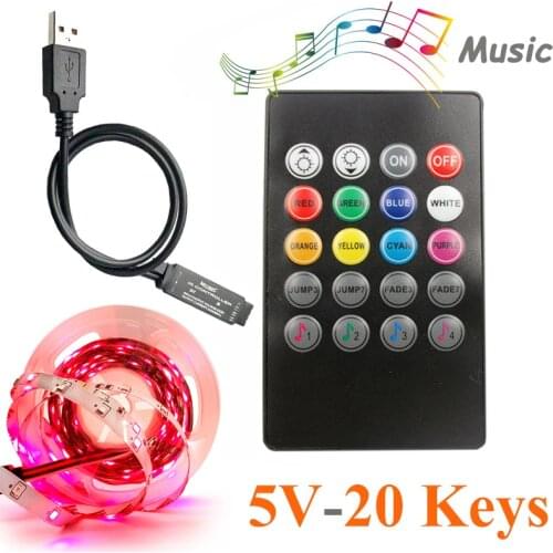20 Keys Mini Music Sync IR Remote LED Controller For 6A LED RGB Strip Light SMD 5050 3528 Lamp 5V USB Battery Powered IP62
