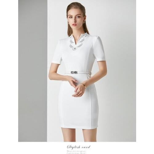 2021 Summer Korean New Design Sequins Decoration Commuter Office Party Dress White Elegant Short-Sleeved Dress Slim