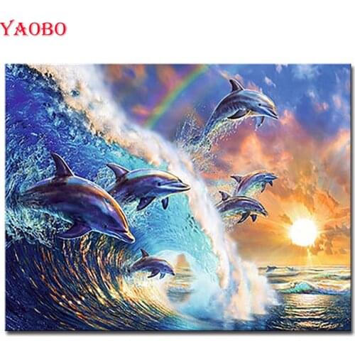 3d Diamond Painting Dolphin Sunset Mosaic Pictures Diy Diamond Embroidery Sea Wave Seascape Full Needlework 5D Cross Stitch Kits
