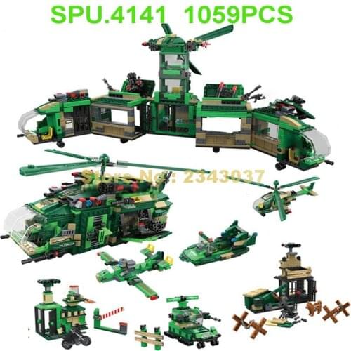 5661 1059pcs 6in1 Military Army Base Station Helicopter Aircraft Speedboat Tank 12 Dolls Building Blocks Toy
