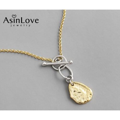 AsinLove Real 925 Sterling Silver Necklace Irregular Concave-convex Hammered 18K Gold Pendant Necklace Personality Women Jewelry