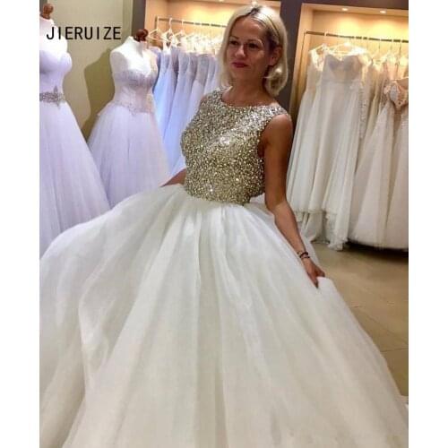 JIERUIZE Shining Crystal Wedding Dresses Jewel Neck Backless Sleeveless Ball Gown Bride Dress robe de mariee Wedding Gowns