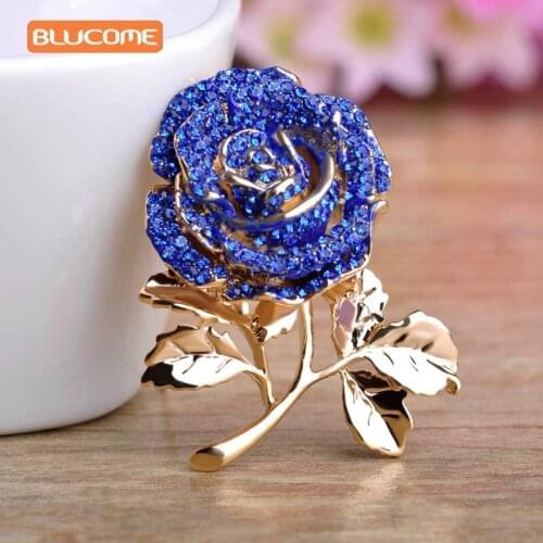 Blucome Full Austrian Crystal Blue Rose Flower Brooches Gold-color Coat Collar Plant Brooch Wedding Boutonniere Pullover Pins