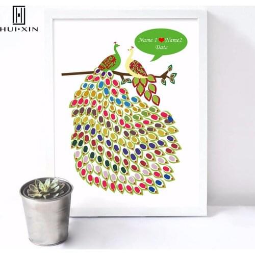 Elegant Colorful Peacock Canvas Fingerprint Guest Book Free Name Date Guest Book for Engagement Wedding Anniversary Decoration