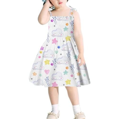 #EW Flower Cartoon Print Suspended Dress Summer A-line Casual Dress Baby Kids Girls Sleeveless Princess Cute Dress robe fille