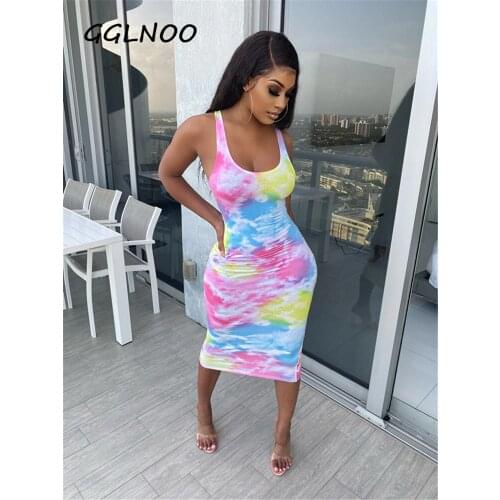 GGLNOO Women Tie Dye Print Sleeveless Bodycon Midi Tank Dress Knee Length Sexy Party Club Bandage Dresses Pencil Vestidos