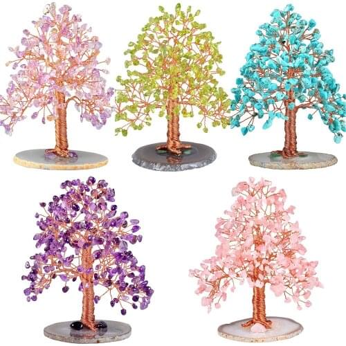 Crystal Christmas Money Tree on Natural Agate Slab, Handmade Tumble Chip Stone Bonsai Figurine Decoration for Wealth and Luck