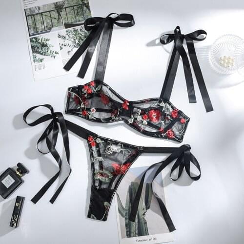 Lace Floral Sexy Underwear Embroidery Set Woman 2 Pieces Erotic Underwire Bras For Women Lingerie Sexy Ribbon Bra And Panty Set