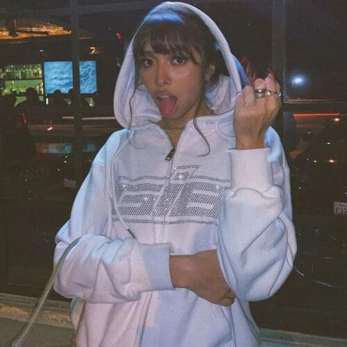 Y2K Fashion Rhinestone Zipper Oversized Hoodies Kawaii Vintage Letter Long Sleeve Hip hop Womens sweatshirts Streetwear Punk