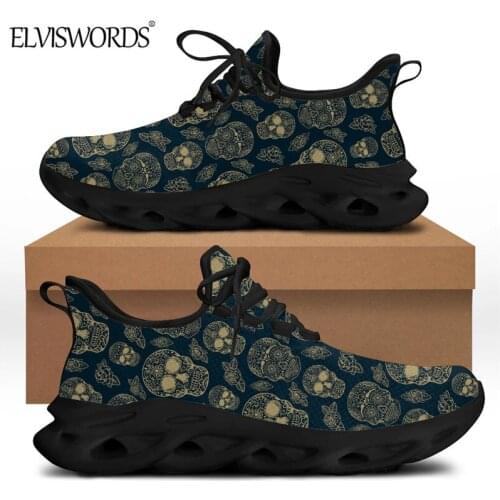 ELVISWORDS Mens Classic Sugar Skull Sneaker Breathable Lace-up Casual Sport Running Flats Brand Design Flex Control Footwear