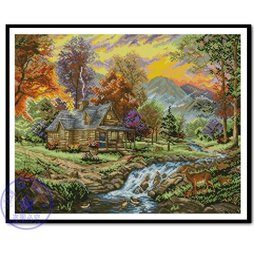 Top Quality Beautiful Lovely Counted Cross Stitch Kit Stay in the Mountain Mountains Cottage River Maple Tree Trees Maia 5678000