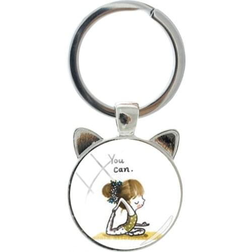 TAFREE Retro Girl Doing Yoga Pattern Novelty Handmade Silver-plated Cat Ear Keychain Men And Women Accessories Pendant