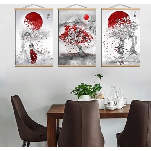 HD Prints Hot Japanese Zen Ink Samurai Kanji Poster Canvas Art Oil Wall Pictures For Living Room Wooden Scroll Hanging Painting