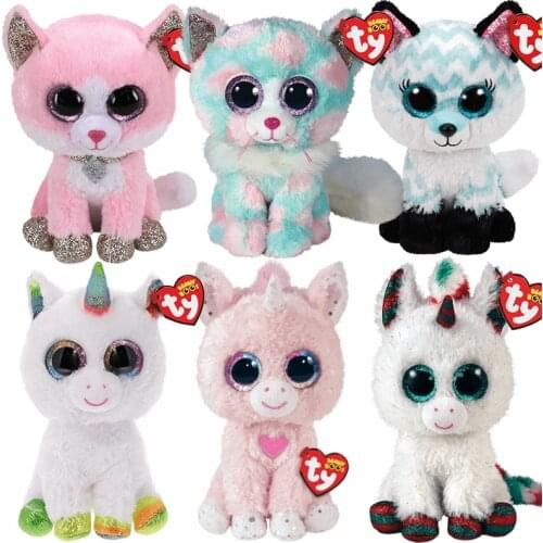 6 Inch 15 CM Ty Beanie Boos Big Eyes Fox Cat Dog Monkey Unicorn Cow Elephant Animal Collection Plush Doll Toy Birthday Kids Gift