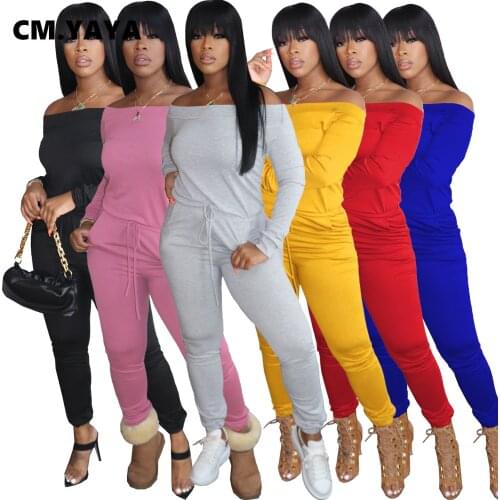 CM.YAYA Off Shoulder with Sashes Bodycon Elastic Jumpsuit Women Vintage Streetwear One Piece Overall Romper 2021 Spring winter