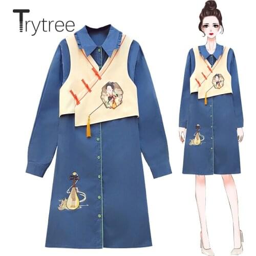 Trytree 2020 Spring Autumn Two Piece Women Set Embroidery Chinese Style Single Breasted Shirt Dress + Tassel Vest 2 Piece Suit
