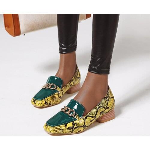 Women Shoes Snake Print Mixed colors Low Heels Woman Mary Jane Classics Ladies Shoes Autumn Square head Pumps Female Size 34-43